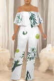 White Sexy Colorblock Floral Print Pocket Ruffle Off Shoulder Loose Jumpsuits