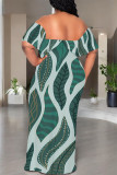 Blue Sexy Colorblock Print Flounce Contrast Off Shoulder Printed Dresses