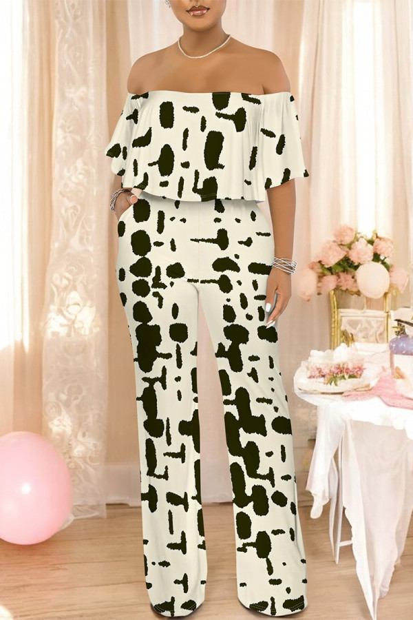 Beige Sexy Colorblock Floral Print Pocket Ruffle Off Shoulder Loose Jumpsuits