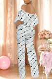 White Sexy Colorblock Floral Print Pocket Ruffle Off Shoulder Loose Jumpsuits