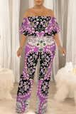 White Sexy Colorblock Floral Print Pocket Ruffle Off Shoulder Loose Jumpsuits