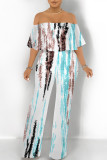 White Sexy Colorblock Floral Print Pocket Ruffle Off Shoulder Loose Jumpsuits