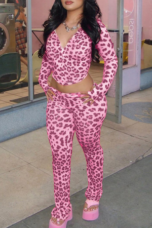 Pink Casual Leopard Print Zipper Collar Long Sleeve Crop Jackets And Sweatpants Sportwear Two Pieces Jogger Sets