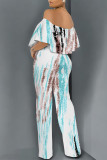 White Sexy Colorblock Floral Print Pocket Ruffle Off Shoulder Loose Jumpsuits