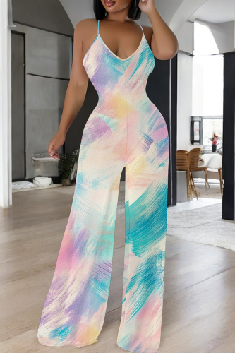 Light Pink Casual Tie Dye Patchwork Spaghetti Strap Loose Jumpsuits