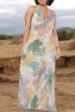 Light Purple Casual Tie Dye Pocket Patchwork Halter Long Dresses