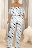 White Sexy Colorblock Floral Print Pocket Ruffle Off Shoulder Loose Jumpsuits