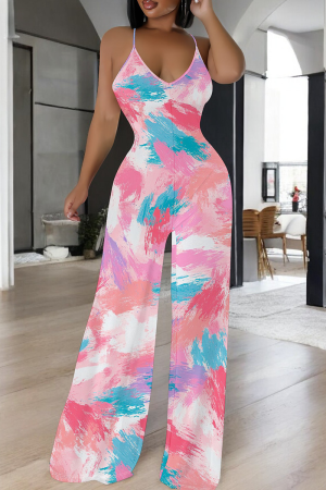 Pink Casual Tie Dye Patchwork Spaghetti Strap Loose Jumpsuits