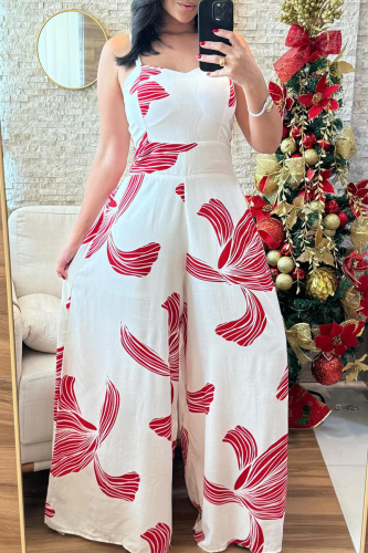 Red Casual Print Patchwork Spaghetti Strap Loose Jumpsuits
