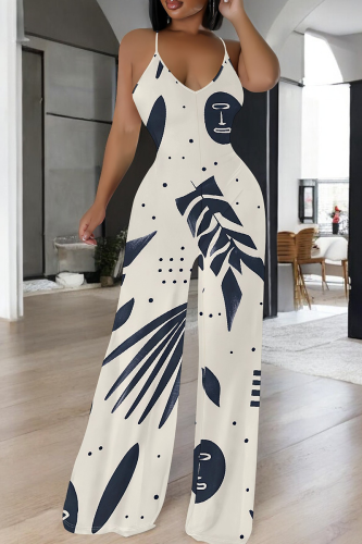 Dark Blue White Casual Print Patchwork Spaghetti Strap Jumpsuits