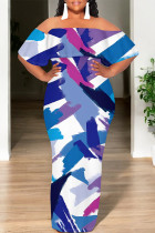 Blue Sexy Colorblock Print Flounce Contrast Off Shoulder Printed Dresses
