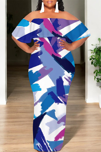 Blue Sexy Colorblock Print Flounce Contrast Off Shoulder Printed Dresses