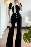 Black Casual Pocket Buckle Patchwork Turndown Collar Jumpsuits