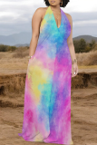 Light Purple Casual Tie Dye Pocket Patchwork Halter Long Dresses