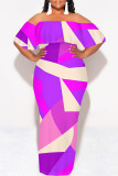 Blue Sexy Colorblock Print Flounce Contrast Off Shoulder Printed Dresses