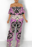 White Sexy Colorblock Floral Print Pocket Ruffle Off Shoulder Loose Jumpsuits