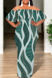Blue Sexy Colorblock Print Flounce Contrast Off Shoulder Printed Dresses