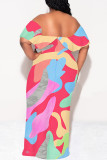 Blue Sexy Colorblock Print Flounce Contrast Off Shoulder Printed Dresses