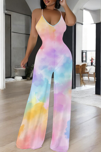 Multicolor Casual Tie Dye Patchwork Spaghetti Strap Loose Jumpsuits