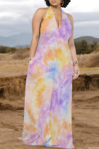 Light Purple Casual Tie Dye Pocket Patchwork Halter Long Dresses