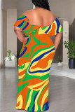 Blue Sexy Colorblock Print Flounce Contrast Off Shoulder Printed Dresses