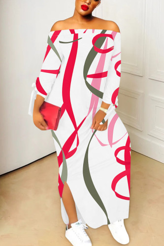 Red Green Sexy Chain print Slit Contrast Off Shoulder Printed Dresses
