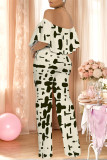 White Sexy Colorblock Floral Print Pocket Ruffle Off Shoulder Loose Jumpsuits