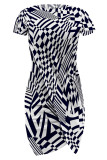 Beige Casual Geometric Print Irregular Contrast O Neck Printed Short Sleeve Dress
