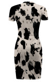 Beige Casual Geometric Print Irregular Contrast O Neck Printed Short Sleeve Dress