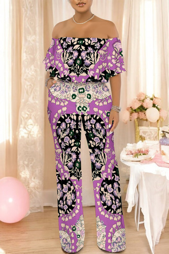 Purple Sexy Colorblock Floral Print Pocket Ruffle Off Shoulder Loose Jumpsuits