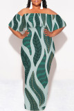 Blue Sexy Colorblock Print Flounce Contrast Off Shoulder Printed Dresses