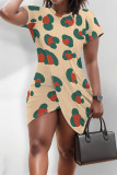 Beige Casual Geometric Print Irregular Contrast O Neck Printed Short Sleeve Dress