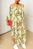 Beige Sexy Chain print Slit Contrast Off Shoulder Printed Dresses