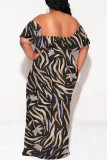Blue Sexy Colorblock Print Flounce Contrast Off Shoulder Printed Dresses