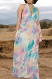 Light Purple Casual Tie Dye Pocket Patchwork Halter Long Dresses