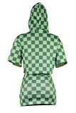 Green Casual Daily Plaid Print Basic Hooded Short Sleeve Two Pieces