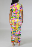 Blue Elegant Gradient Print Contrast O Neck Printed Short Sleeve Dress