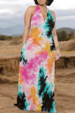 Light Purple Casual Tie Dye Pocket Patchwork Halter Long Dresses