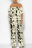 White Sexy Colorblock Floral Print Pocket Ruffle Off Shoulder Loose Jumpsuits