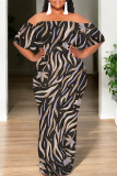 Blue Sexy Colorblock Print Flounce Contrast Off Shoulder Printed Dresses