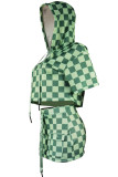 Green Casual Daily Plaid Print Basic Hooded Short Sleeve Two Pieces