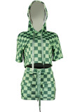 Green Casual Daily Plaid Print Basic Hooded Short Sleeve Two Pieces