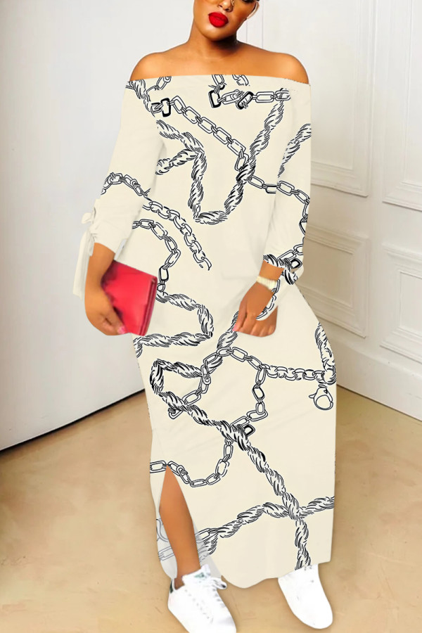 Apricot Sexy Chain print Slit Contrast Off Shoulder Printed Dresses