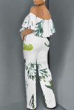 White Sexy Colorblock Floral Print Pocket Ruffle Off Shoulder Loose Jumpsuits