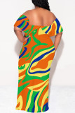 Blue Sexy Colorblock Print Flounce Contrast Off Shoulder Printed Dresses
