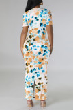 Blue Elegant Gradient Print Contrast O Neck Printed Short Sleeve Dress