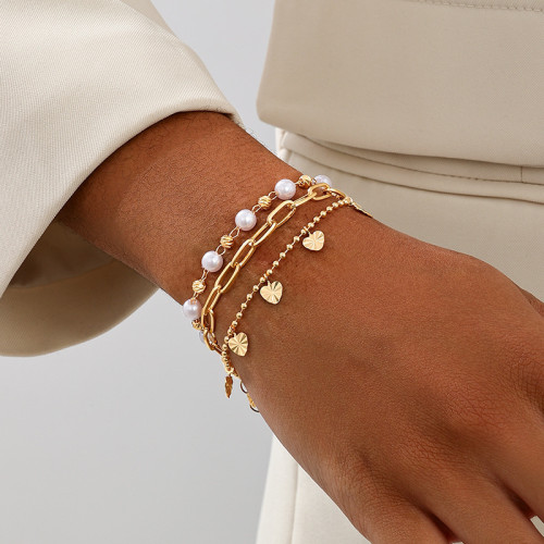 Gold Casual Daily Solid Color Pearls Decor Heart-shaped Bracelets
