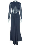 Black Sexy Solid Color Patchwork See-Through Backless Belted V Neck Long Dresses