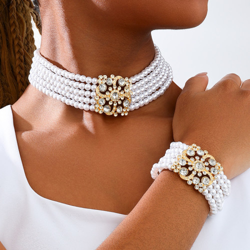 White Sexy Casual Daily Patchwork Pearls Decor Rhinestone Decor Necklaces Bracelet Two Piece Set