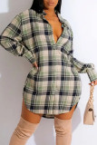 Green Casual Daily Plaid Buttons Turndown Collar Shirt Dresses